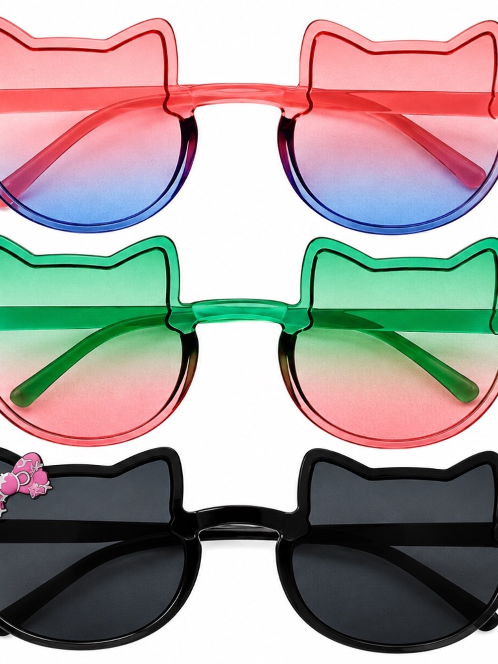 Cat-Ear Gradient Sunglasses $6.00 per pair. Pink/Blue, Green/Pink, Black